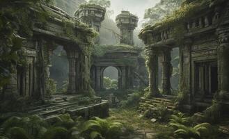 illustration of ancient temple ruins in a jungle photo