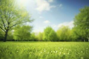 Beautiful blurred background image of spring nature with a neatly trimmed lawn surrounded by trees against a blue sky with clouds on a bright sunny day, generate ai photo