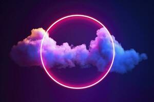 3d render, abstract cloud illuminated with neon light ring on dark night sky. Glowing geometric shape, round frame, generate ai photo