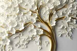 3d wallpaper floral tree background with white flower leaves and golden stem. interior wall home decor, generate ai photo