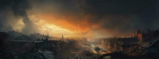 Post apocalypse. Nuclear apocalypse survivor. Ruined Cityscape. Concept. Banner size. Header, generate ai photo