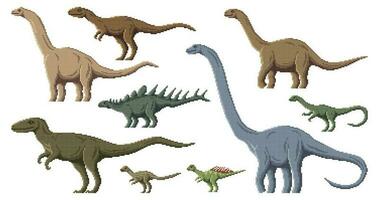 píxel dinosaurio caracteres, 8 bits juego dino animales vector