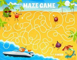 Cartoon fruits on summer beach, labyrinth game vector