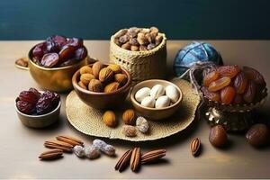 Eid al-Fitr holiday concept with sweet dried dates, fruits and decorations on bright background. Top view from above, generate ai photo