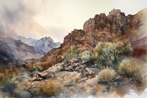 watercolor digital painting of a sunrise in the desert of a mystical planet, pastel colors with clouds and rocks, photo