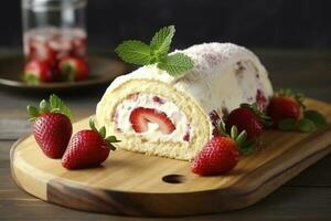 Delicious cake roll with strawberries and cream on wooden board, closeup, generate ai photo