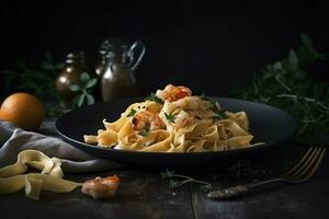 Traditional Italian tagliatelle ai gamberoni pasta with king prawns and herbs served as close-up on a design plate with copy space, generate ai photo