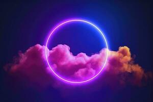 3d render, abstract cloud illuminated with neon light ring on dark night sky. Glowing geometric shape, round frame, generate ai photo