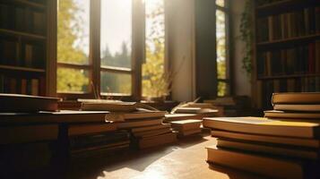 apilar de antiguo libros en naturaleza en de madera tablero con borroso verde fondo, generar ai foto