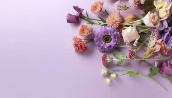 multicolored spring flowers on purple background , generate ai photo