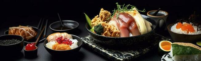 Traditional Japanese food dishes on black background, generate ai photo