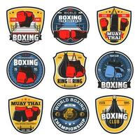 Boxing Muay Thai icons, kickboxing fighter arts vector