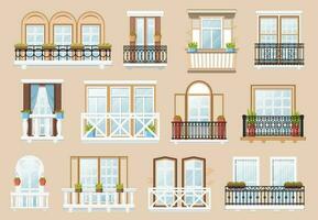 Windows and balconies vector facade exterior.