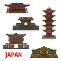 Japón templos, real arquitectura puntos de referencia íconos vector