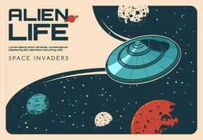 Aliens UFO in outer space, galaxy universe planets vector