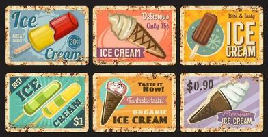 Ice-cream desserts cafe menu rusty metal plates vector