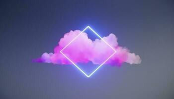 3d render, abstract minimal background with pink blue yellow neon light square frame with copy space, illuminated stormy clouds, glowing geometric shape, generate ai photo