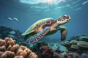 Sea turtle swimming the undersea, Beautiful Underwater and colorful coral in the wild nature of the Pacific Ocean Generate Ai photo