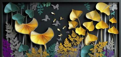 3d colorful illustration of ginkgo leaves, deer, and leaves in dark background. minimalist hand-painted canvas art wall frame decor, generate ai photo