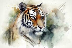 pintar un realista retrato de un Tigre en el selva acuarela cuadro, hermosa natural formularios, crujiente limpiar formas, vistoso, blanco fondo, generar ai foto