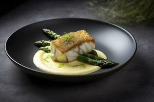 Traditional Fried Skrei Cod Fish Fillet with Green Asparagus Tips and Mashed Potato Cream in Parmesan Olive Oil Sauce as Closeup on a Modern Design Plate with Copy Space, generate ai photo