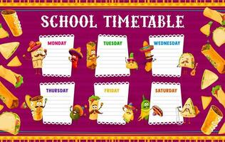 Cartoon mexican food characters timetable schedule vector