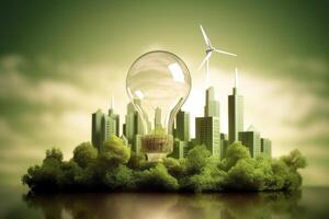 Energy consumption and CO2 gas emissions are increasing light bulbs with green eco city, Renewable energy by 2050 Carbon neutral energy, Save energy creative idea concept, . photo