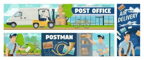 Post office mail delivery, postman service banners vector