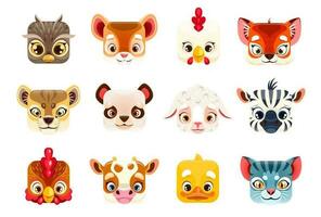 Kawaii animal faces, square cartoon zoo characters vector