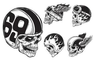 conjunto haz oscuro Arte cráneo jinete hombre cara ciclistas retro Clásico tatuaje casco motocicleta personalizado ilustración vector