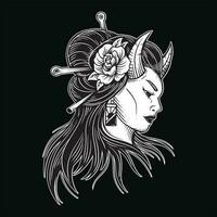 Dark Art Japanese girl rose geisha woman Skull Mask Tattoo traditional illustration vector