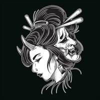 Dark Art Japanese girl rose geisha woman Skull Mask Tattoo traditional illustration vector