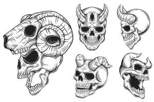 conjunto haz oscuro Arte gótico cráneo demonio cuerno Clásico tatuaje huesos en mano dibujo estilo vector