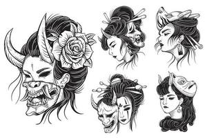 Set Bundle Vintage Japanese girl geisha Rose woman Skull Mask Tattoo Traditional warrior illustration vector