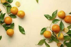 Whole orange yellow tangerines with green leaves on pastel beige background, copyspace. Citrus fruits mandarines as minimal food frame background, empty space, above view, generate ai photo