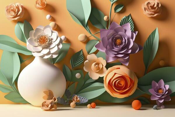 3d Colorful Floral Craft Wallpaper. Orange, Rose, Green, and Yellow Flowers  on a Light Background Stock Photo - Image of flowers, leaf: 270378266