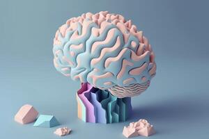 3d human brain pastel colors on blue background, . photo