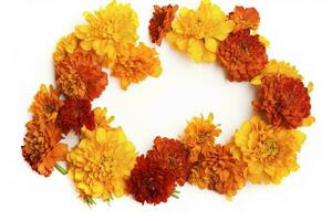 Yellow and red Marigold flowers wreath isolated on white background , generate ai photo