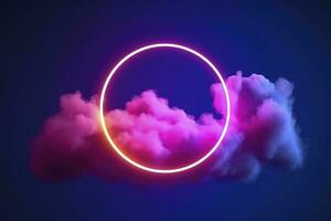 3d render, abstract cloud illuminated with neon light ring on dark night sky. Glowing geometric shape, round frame, generate ai photo