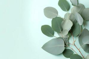 Natural eucalyptus leaves on mint pastel green background. Flat lay floral composition, top view, copy space, generate ai photo