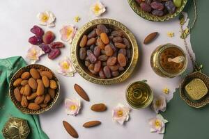 Eid al-Fitr holiday concept with sweet dried dates, fruits and decorations on bright background. Top view from above, generate ai photo