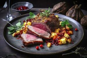 Traditional roasted Italian panettone tagliata di manzo with sliced beef steak and vegetables served close-up on a Nordic design plate, generate ai photo