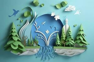 Paper art , Environmental protection and save earth water , Ecology and world water day , Saving water and world Environment day , Generate Ai photo