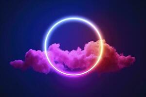 3d render, abstract cloud illuminated with neon light ring on dark night sky. Glowing geometric shape, round frame, generate ai photo