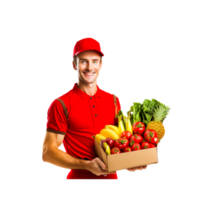 Delivery man in blue uniform carrying package of grocery food with vegetable and fruit on transparent isolated png
