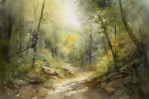 Sunny summer forest.Picture created with watercolors , generate ai photo