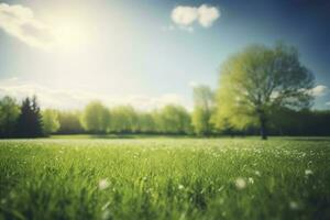 Beautiful blurred background image of spring nature with a neatly trimmed lawn surrounded by trees against a blue sky with clouds on a bright sunny day, generate ai photo