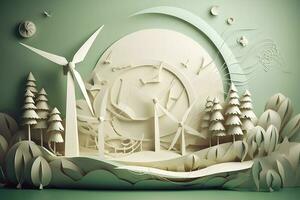 Paper art, renewable energy with green energy such as wind turbines, Renewable energy by 2050 Carbon neutral energy, Energy consumption, and CO2, Reduce CO2 emission concept, generate ai photo