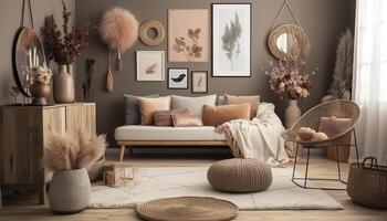 Stylish and modern boho inspired living room with carpet, rattan furniture, pillows, plants, photo wall decoration and personal accessories. Natural home decor, boho room interior, image