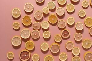 Uniform pattern of dried lemon slices with shadow on a pink background. Flat lay, generate ai photo